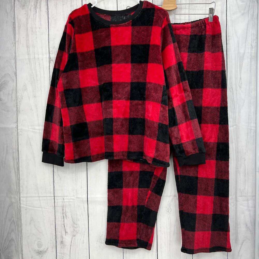 Shein XL Womens Red Plaid Plush Christmas Pajama Set